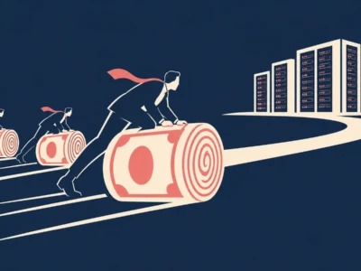 Executives in suits ride giant rolled dollars toward a city skyline, symbolizing rapid funding growth.