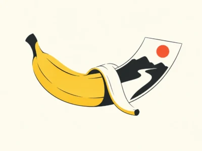 Illustration of a peeled banana wrapping around a poster depicting a mountain landscape with a red sun