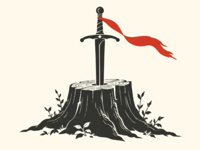 Sword embedded in a tree stump with a red ribbon flowing from the hilt, on a pale background.