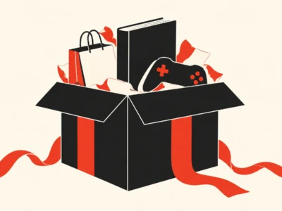 A black gift box with a red ribbon opens to reveal items like a book, game controller, and shopping bag emerging from it.