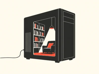 Open black safe revealing a cozy reading nook with a chair, hanging lamp, red rug, and bookshelves inside.