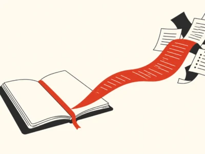 Open book with a red ribbon flowing into a stream of papers and notes bursting outward, symbolizing ideas and information flowing from reading.