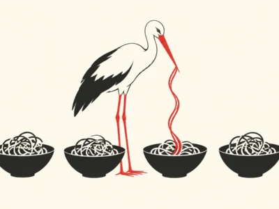Stork with red legs stands beside four bowls of tangled noodles, a long red noodle trails from its beak.
