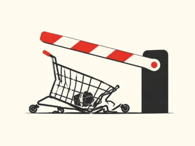 Illustration of a tipped-over shopping cart wedged under a red-and-white barrier arm, signaling a blocked or halted checkout.