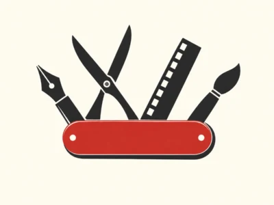 Red multi-tool with scissors, nib pen, ruler, and paintbrush emerging from a single case.