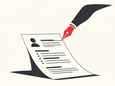 Ilustracja redakcyjna Jak napisać CV z AI krok po kroku - Promptowy Stylized hand with a red nib signing a document that has a profile icon and bullet lines, like a resume or contract.