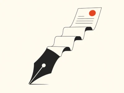 Ilustracja redakcyjna Jak napisać list motywacyjny z AI krok po kroku - Promptowy Stylized fountain pen nib with curling pages unfurling into a document topped with a red seal, symbolizing writing and publishing.