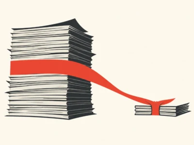 Ilustracja redakcyjna Jak streścić długi PDF z AI krok po kroku - Promptowy Tall stack of papers bound by a bright red ribbon that stretches to a much smaller stack on the right.