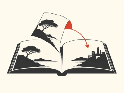 Ilustracja redakcyjna Jak przetłumaczyć tekst zachowując sens z AI krok po kroku - Promptowy Open book with black landscape silhouettes; a red arc connects pages to a coastal town on the right page.