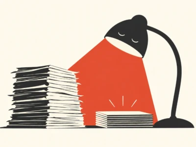 Ilustracja redakcyjna Ogarnij AI level 2 Szkoła na easy mode notatki w kwadrans i korepetytor który nigdy nie ocenia - Promptowy An abstract desk lamp leaning over a large stack of papers, lighting a smaller pile-symbolizing long work or study hours.