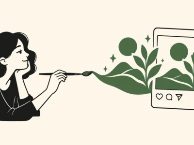 Ilustracja redakcyjna Jak zrobić grafikę na Instagram z AI krok po kroku - Promptowy Woman with a paintbrush draws a green plant blooming from a smartphone screen, symbolizing social media growth and creativity.
