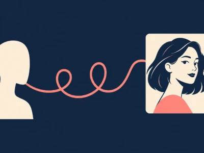 Ilustracja redakcyjna Jak wygenerować avatar z AI krok po kroku - Promptowy Silhouette of a person on the left connected by a pink squiggly line to a framed portrait of a woman on the right against a dark blue background.