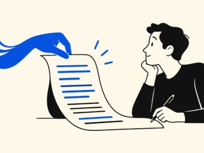 Ilustracja redakcyjna Jak napisać post na LinkedIn z AI krok po kroku - Promptowy A person sits at a desk, watching as a blue hand offers a long sheet of paper with blue lines, while the person holds a pen and contemplates.