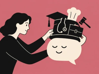 Illustration of a person placing a graduation cap on a speech-bubble head with a stethoscope, symbolizing education in healthcare and professions nearby.