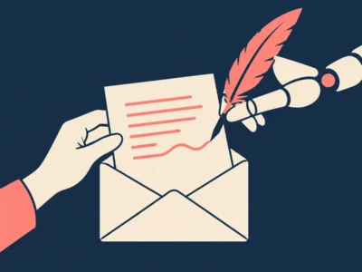 Cartoon illustration of a hand pulling a letter from an open envelope while a red quill tip pierces the page