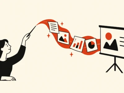 Person on the left swinging a curved ribbon of papers toward a presentation screen with charts and images