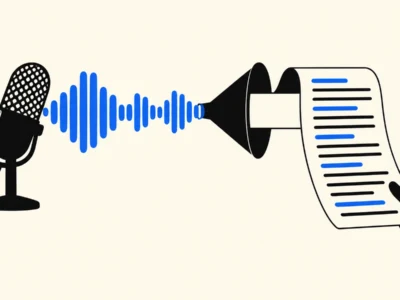 Podcast recording scene with a microphone, blue audio waveform, and a hand holding a sheet of text.