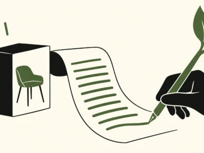 Abstract illustration of a black hand holding a green pencil, writing on a long scroll that grows into a plant; a chair appears inside a black box on the left.