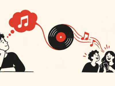 Person at left daydreams about music as a vinyl record sends musical notes toward a group of three friends on the right.