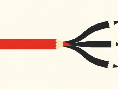 Red pencil that splits into three black pencils to the right, symbolizing branching ideas.