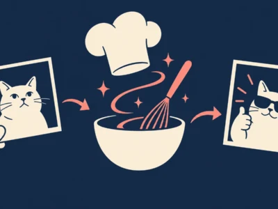Whisking bowl in the center with a chef's hat above, flanked by two cat photos giving a thumbs‑up approval.