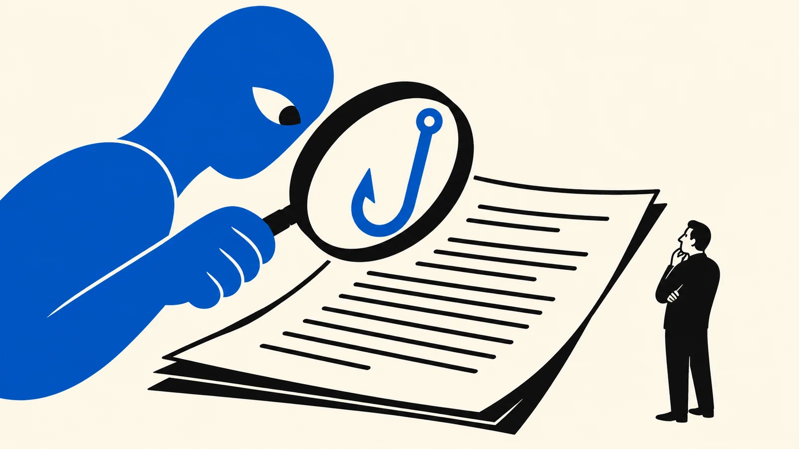 A blue giant magnifying glass examines a stack of documents while a small man in a suit watches, symbolizing scrutiny or auditing of a contract.