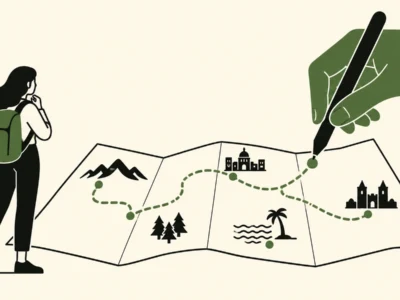 Ilustracja redakcyjna Jak zaplanować podróż z AI krok po kroku - Promptowy Traveler with a backpack studies a folded map as a large green hand draws a dotted route through mountains, trees, and buildings in the distance.