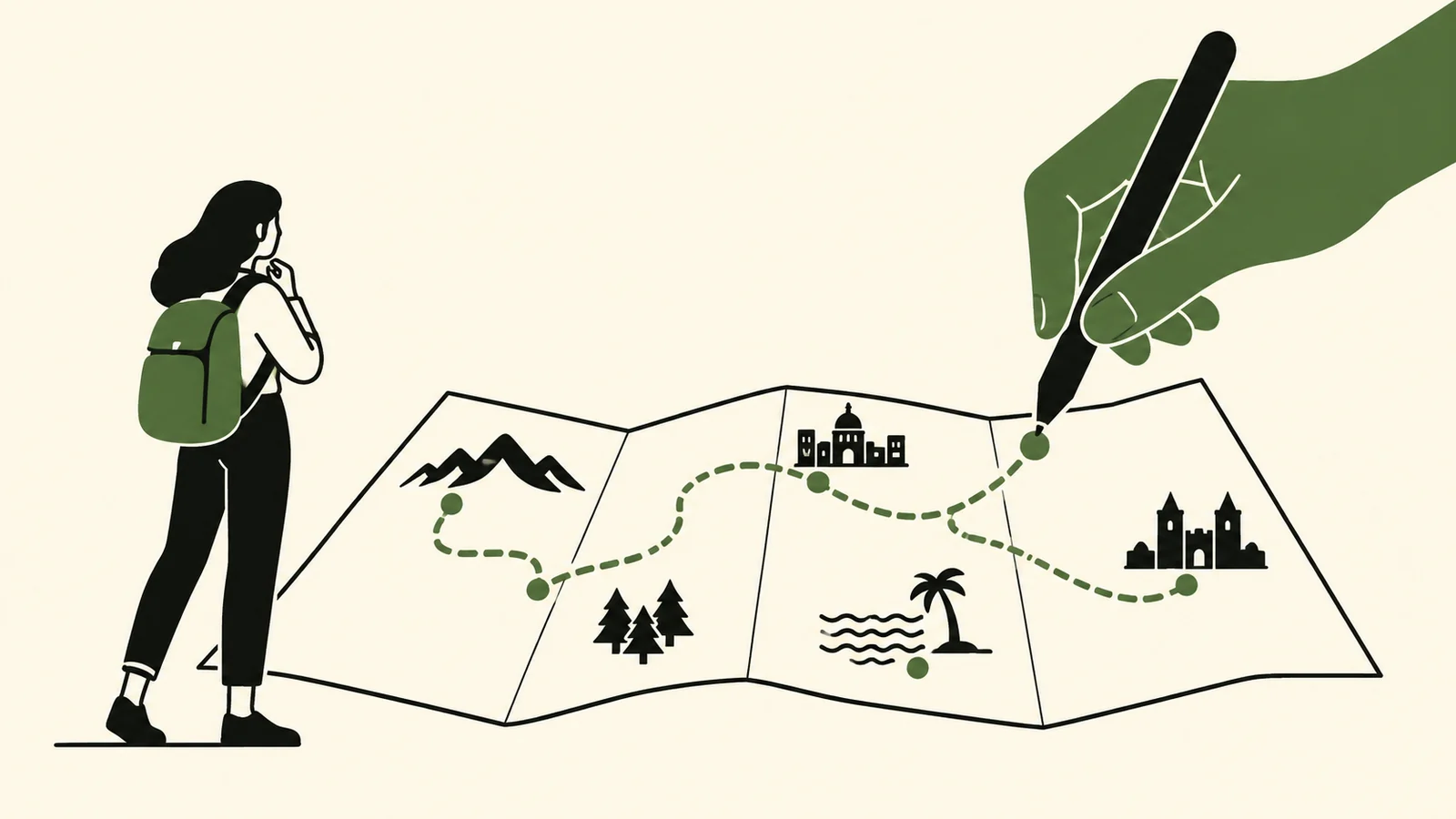 Ilustracja redakcyjna Jak zaplanować podróż z AI krok po kroku - Promptowy Traveler with a backpack studies a folded map as a large green hand draws a dotted route through mountains, trees, and buildings in the distance.