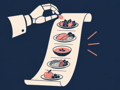 Ilustracja redakcyjna Jak zrobić jadłospis z AI krok po kroku - Promptowy Mechanical hand selecting a leaf from a long scroll listing several plated meals, representing a meal plan.