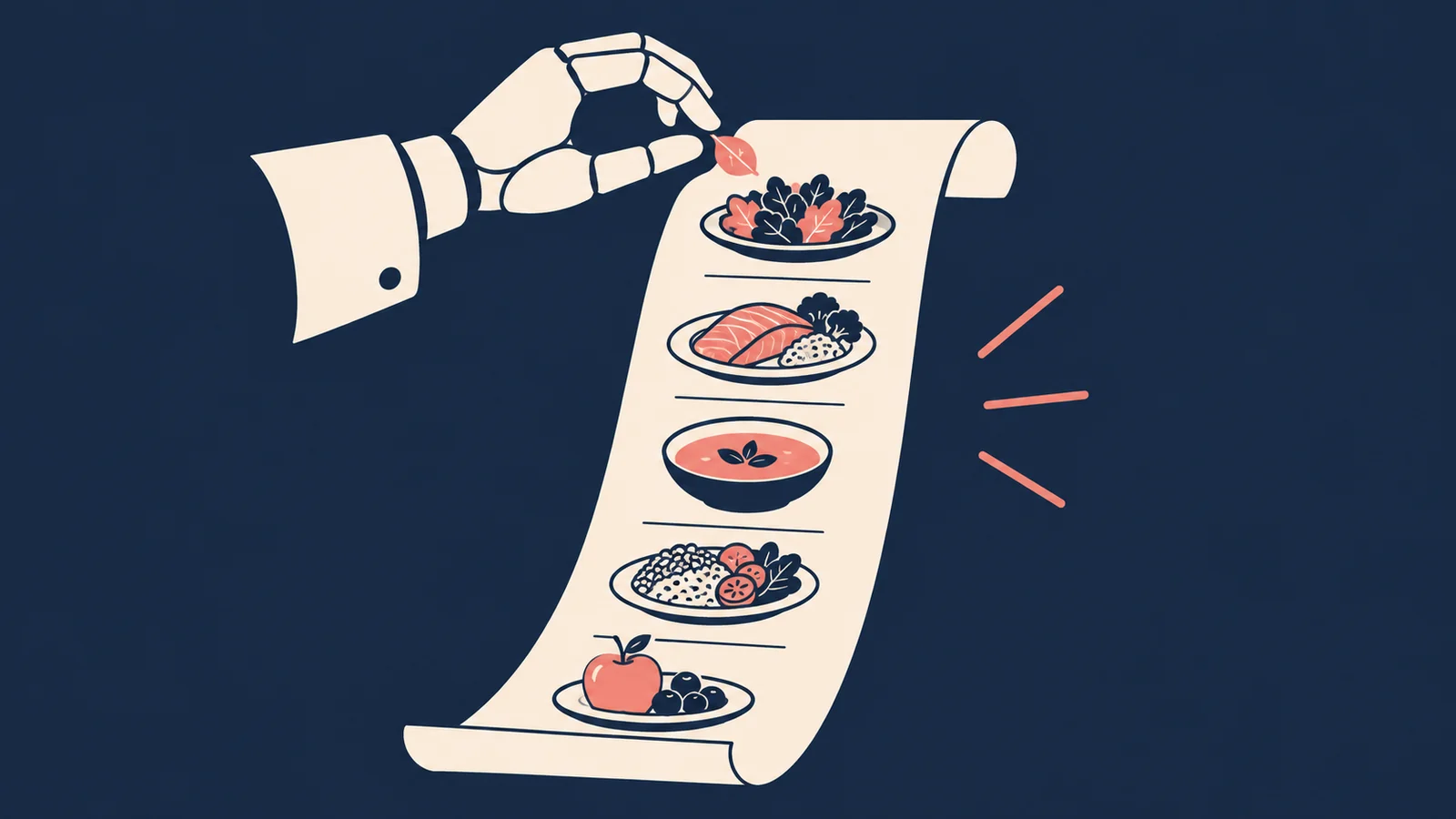 Mechanical hand selecting a leaf from a long scroll listing several plated meals, representing a meal plan.