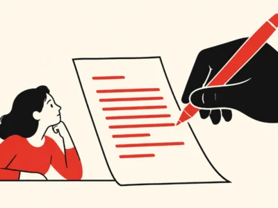 Person sitting at a desk, gazing at a sheet of paper as a large hand writes red lines with a red pencil nearby.