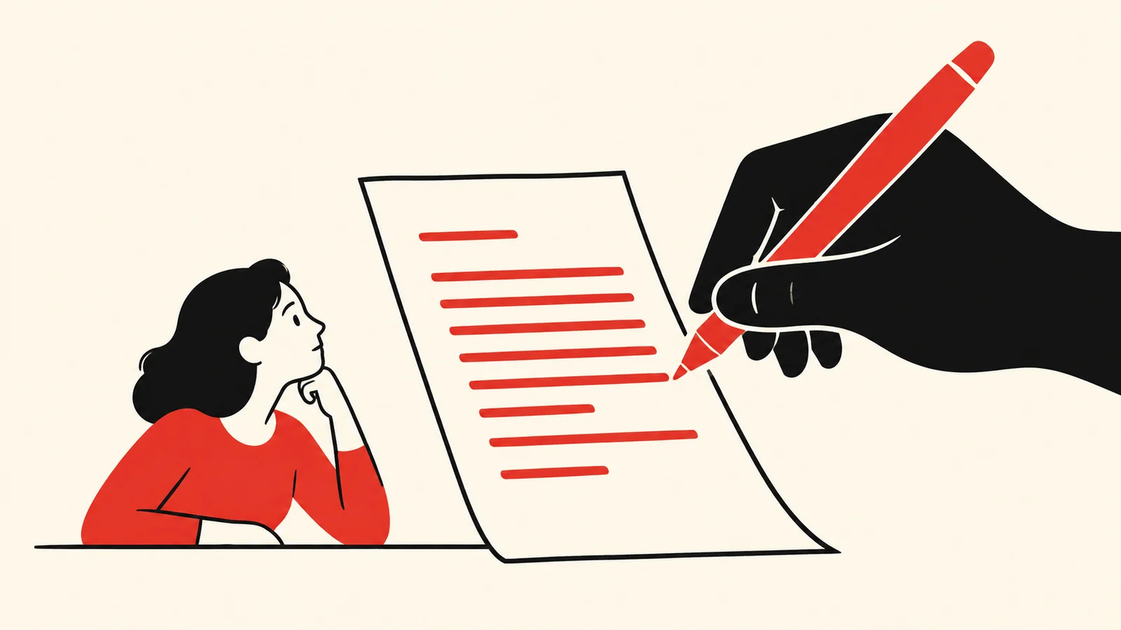 Ilustracja redakcyjna Jak napisać reklamację z AI krok po kroku - Promptowy Person sitting at a desk, gazing at a sheet of paper as a large hand writes red lines with a red pencil nearby.