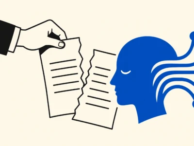 Black-sleeved hand tearing pages toward a blue head with circuit-like strands, symbolizing information overload or mind being torn apart.