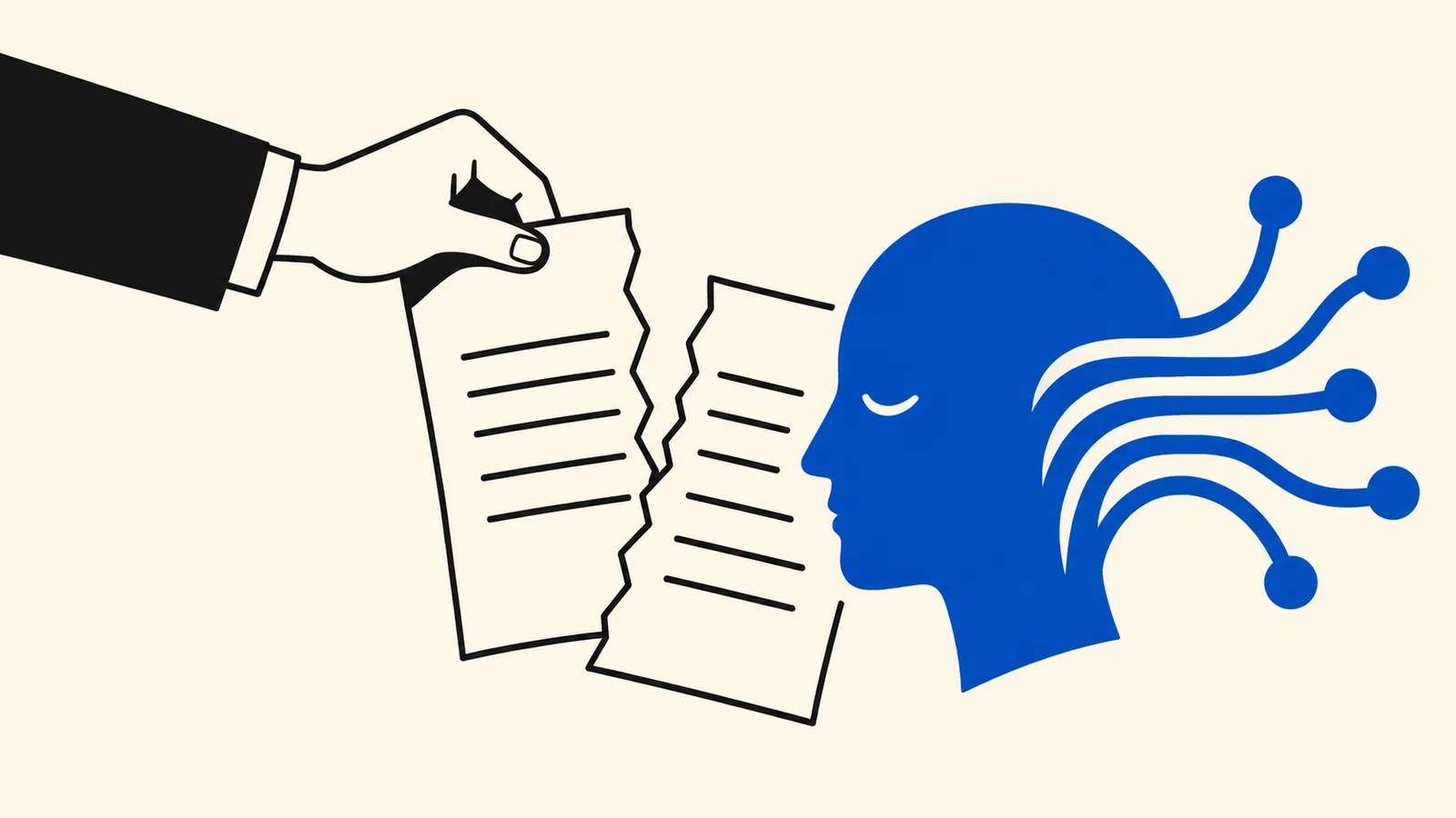 Black-sleeved hand tearing pages toward a blue head with circuit-like strands, symbolizing information overload or mind being torn apart.