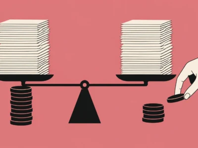 Balance scale with tall stacks of papers on both sides; a hand moves a coin from the right to the left, signaling pay gap or workload imbalance.