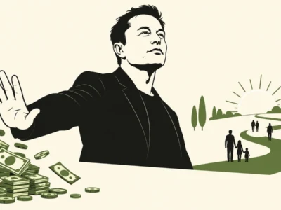 Man in a suit raises a hand to stop money pouring in from the left, while a green winding path with people and a sunlit landscape appears on the right, symbolizing restrained wealth for a hopeful community future.