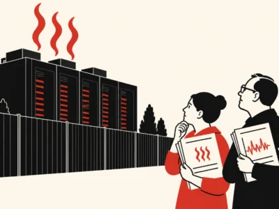 Group of professionals holding reports with charts, facing a large factory with red smoke, implying environmental monitoring or pollution concerns behind a fence.