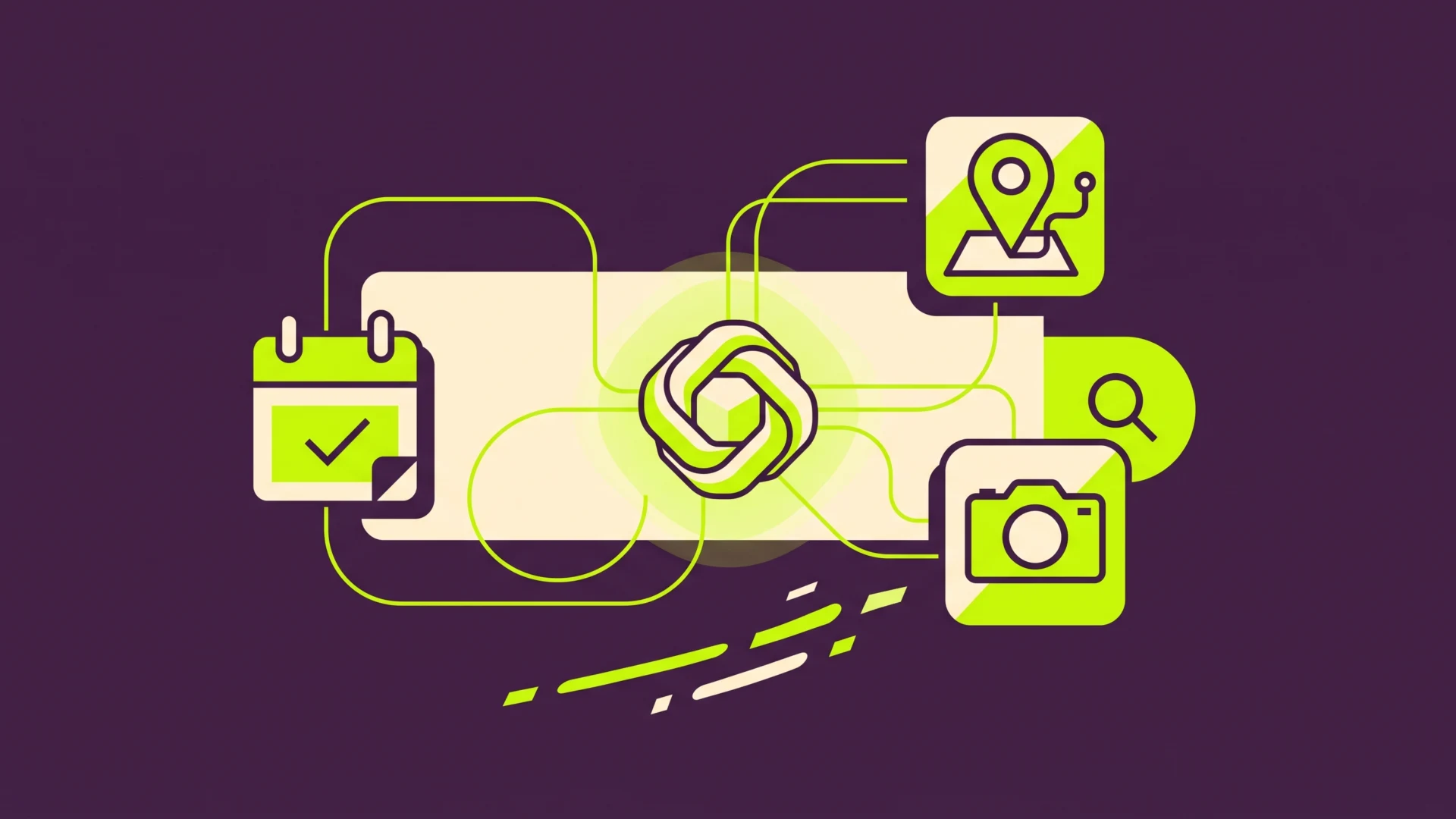 Abstract illustration of digital tools: calendar with a checkmark, location pin, camera, and folder icons connected by neon lines on a dark purple background.