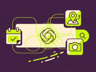 Google AI Mode integruje się z Instacart Canva i YouTube - Promptowy Abstract illustration of digital tools: calendar with a checkmark, location pin, camera, and folder icons connected by neon lines on a dark purple background.