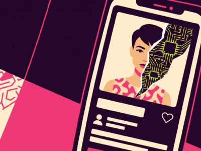 Illustration of a smartphone showing a woman's portrait with a bright green circuit overlay, symbolizing digital identity or AI.