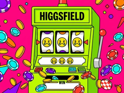 Bright green slot machine labeled 'HIGGSFIELD' with three crying-face reels and coins flying around on a hot pink background, conveying a casino win vibe.
