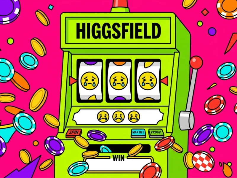 Bright green slot machine labeled 'HIGGSFIELD' with three crying-face reels and coins flying around on a hot pink background, conveying a casino win vibe.