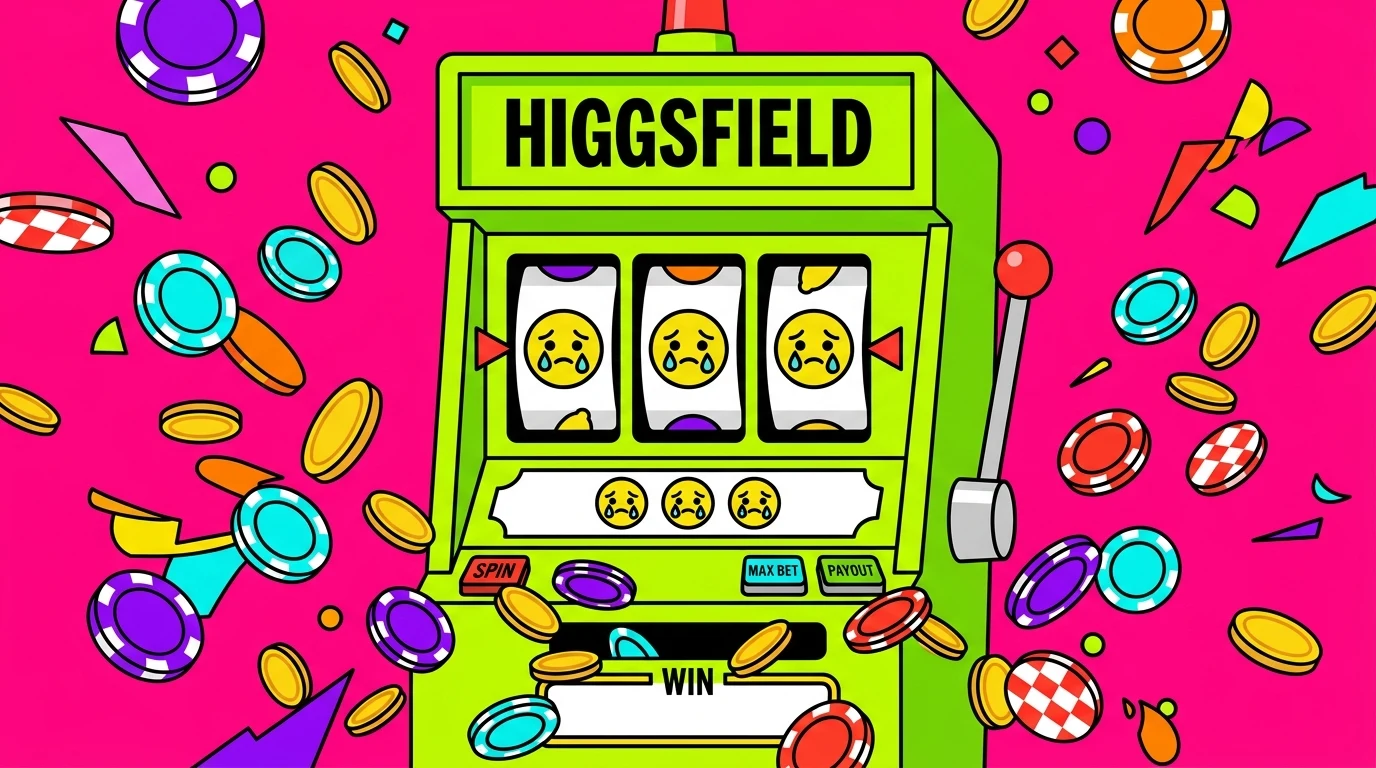 Bright green slot machine labeled 'HIGGSFIELD' with three crying-face reels and coins flying around on a hot pink background, conveying a casino win vibe.