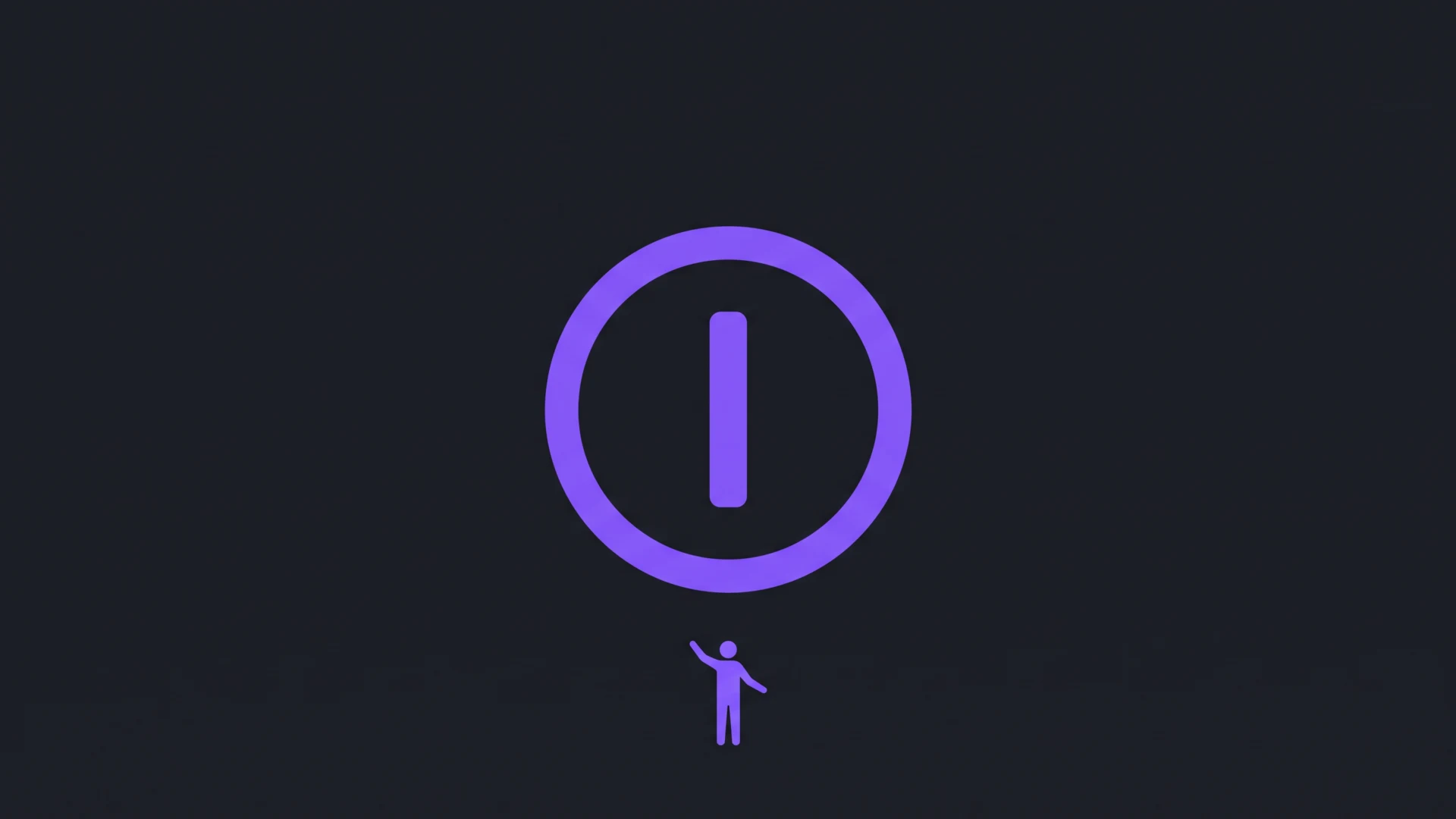jak-anulowac-chatgpt - Promptowy Dark background with a large purple power symbol and a small purple person figure reaching upward, suggesting activation or awakening.