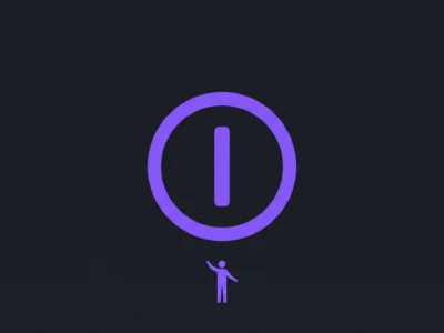 Dark background with a large purple power symbol and a small purple person figure reaching upward, suggesting activation or awakening.