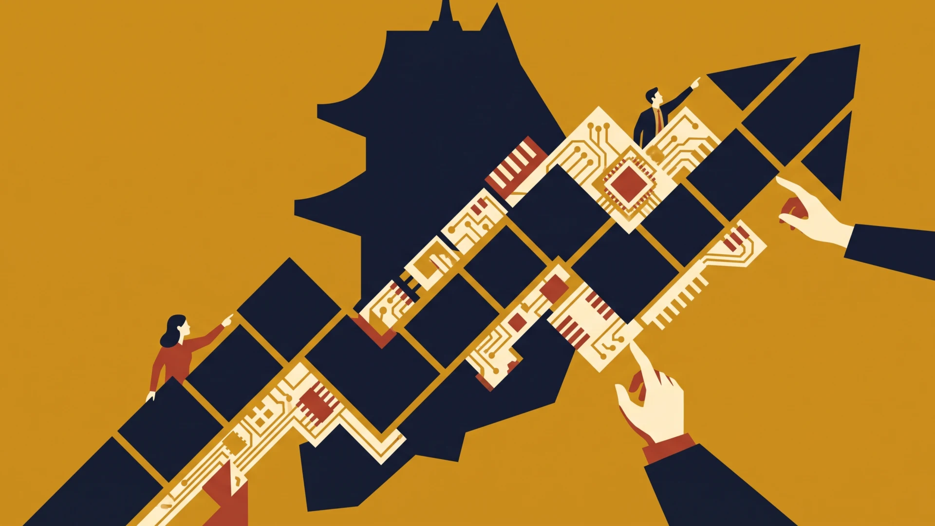 People collaborate to assemble a diagonal circuit-board structure against a mustard background, symbolizing teamwork in tech.