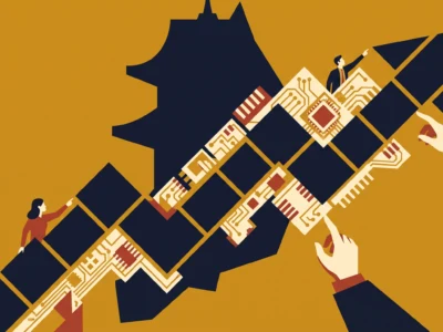 People collaborate to assemble a diagonal circuit-board structure against a mustard background, symbolizing teamwork in tech.