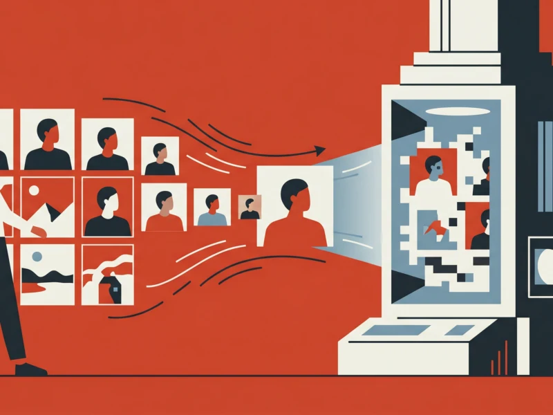 Person walking past a wall of photos that flow toward a large printer/scanner on the right against an orange background, suggesting digitizing images.