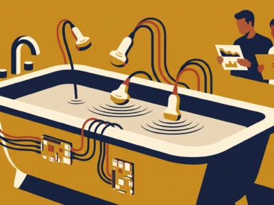 Two people examine a large bathtub-shaped device with tubes, sensors, and exposed circuitry, studying a schematic diagram.