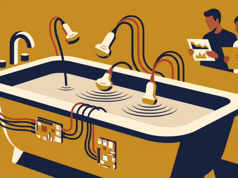 Two people examine a large bathtub-shaped device with tubes, sensors, and exposed circuitry, studying a schematic diagram.